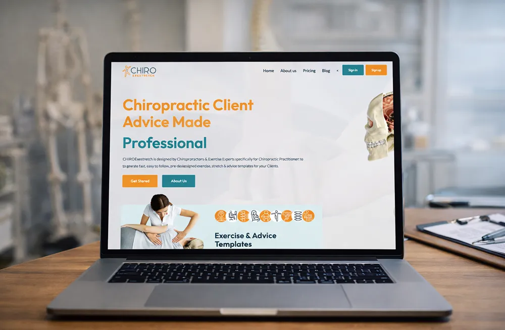 Responsive, Tauranga digital design agency. Client project  - CHIROExestretch, Custom SaaS application, CHIROExestretch - website homepage on laptop