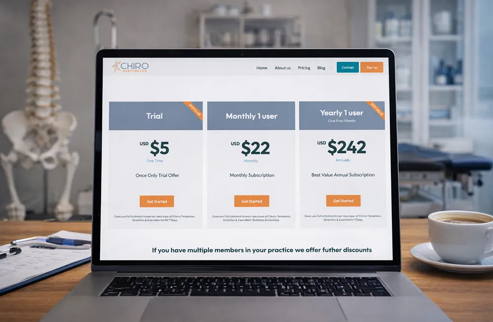 Responsive, Tauranga digital design agency. Client project  - CHIROExestretch, Custom SaaS application, CHIROExestretch - pricing page on laptop