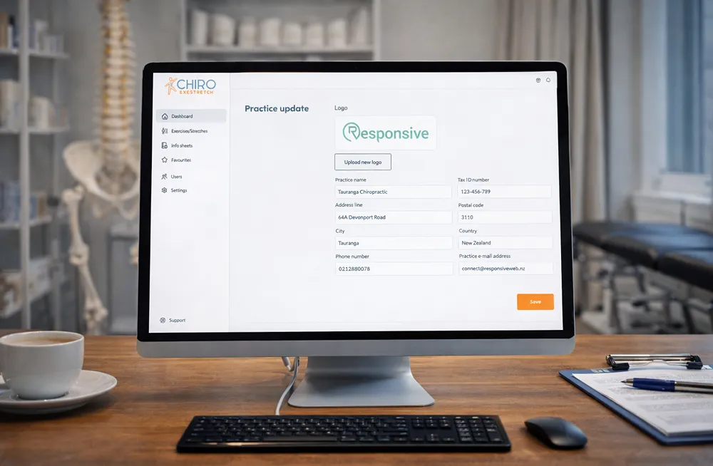Responsive, Tauranga digital design agency. Client project  - CHIROExestretch, Custom SaaS application, CHIROExestretch - practice settings page on desktop