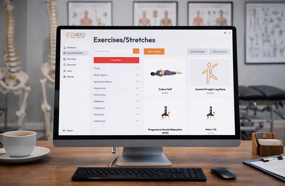 Responsive, Tauranga digital design agency. Client project  - CHIROExestretch, Custom SaaS application, CHIROExestretch - stretches and exercises page on desktop