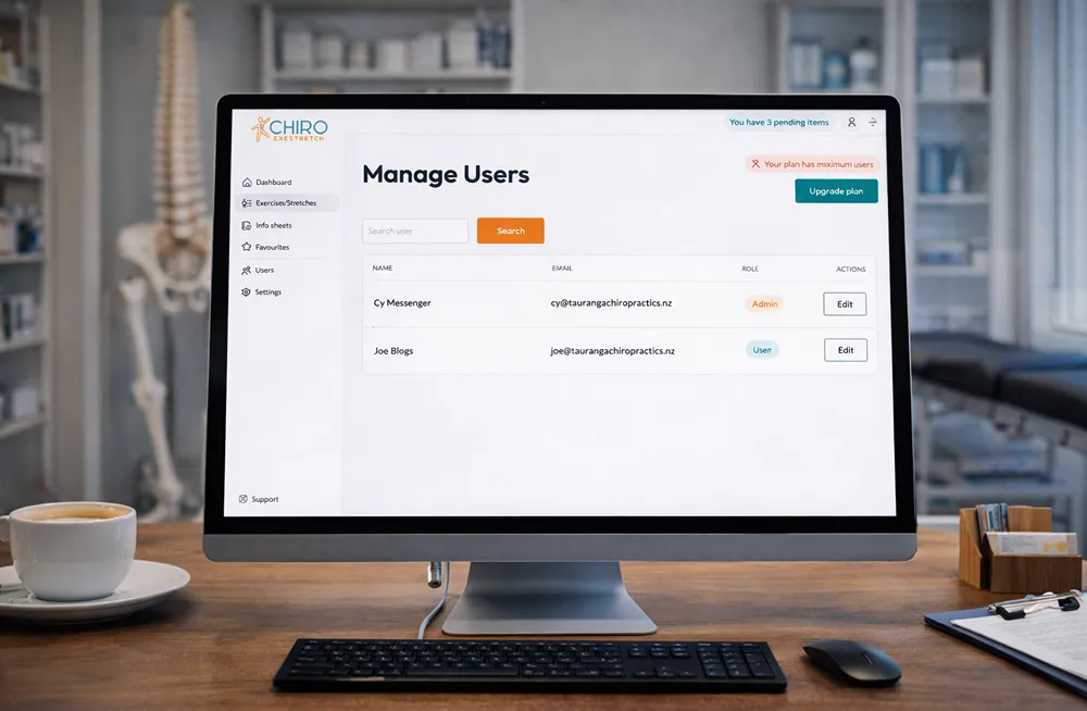 Responsive, Tauranga digital design agency. Client project  - CHIROExestretch, Custom SaaS application, CHIROExestretch - user management page on desktop