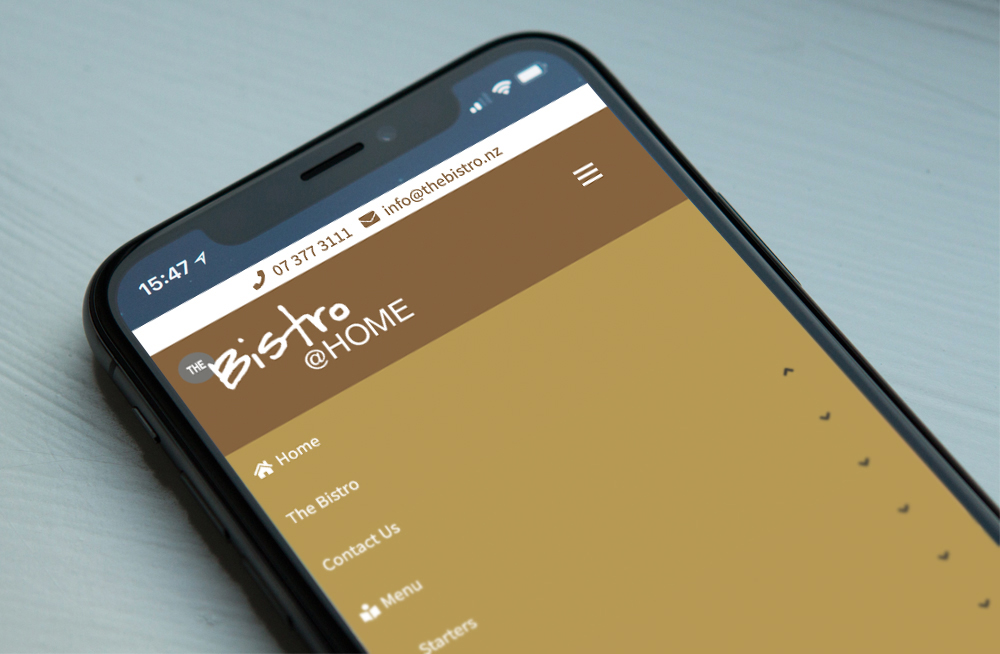 Responsive, Tauranga digital design agency. Client project  - The Bistro @ Home, Website development, eCommerce, web hosting, The Bistro @ Home navigation on a mobile