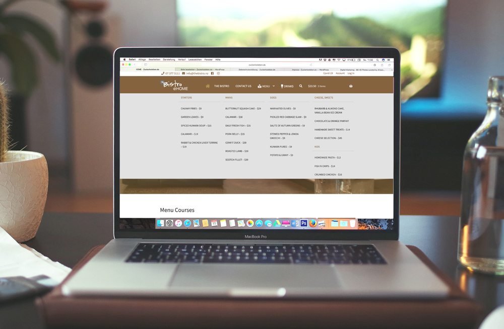  Responsive, Tauranga digital design agency. Client project  - The Bistro @ Home, Website development, eCommerce, web hosting, The Bistro @ Home navigation on laptop
