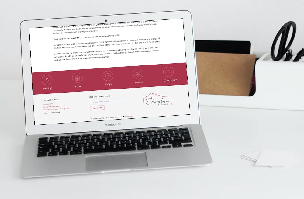  Responsive, Tauranga digital design agency. Client project  - Cherrybarn Bowen, Website design & development, web hosting, Cherrybarn Bowen site footer on laptop