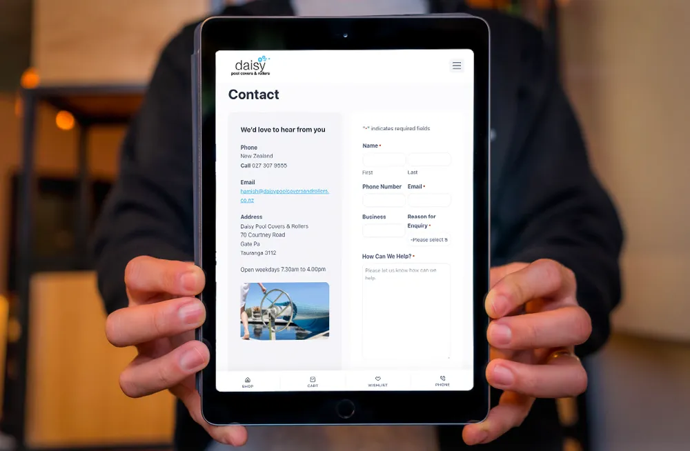 Responsive, Tauranga digital design agency. Client project  - Daisy Pool Covers & Rollers, Website development, web hosting, Daisy Pool Covers and Rollers - contact page on tablet