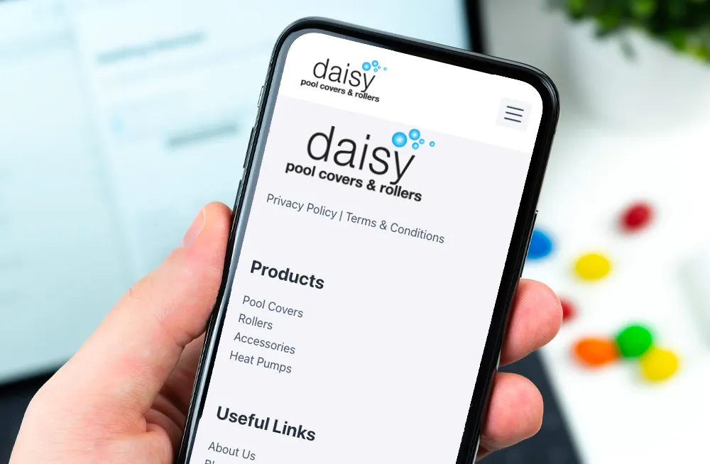 Responsive, Tauranga digital design agency. Client project  - Daisy Pool Covers & Rollers, Website development, web hosting, Daisy Pool Covers and Rollers - site footer on mobile