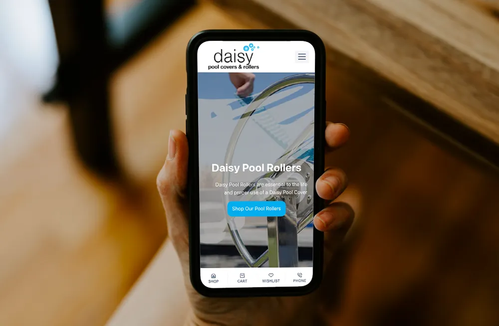 Responsive, Tauranga digital design agency. Client project  - Daisy Pool Covers & Rollers, Website development, web hosting, Daisy Pool Covers and Rollers - homepage on mobile