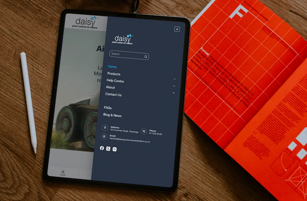 Responsive, Tauranga digital design agency. Client project  - Daisy Pool Covers & Rollers, Website development, web hosting, Daisy Pool Covers and Rollers - mobile menu on tablet