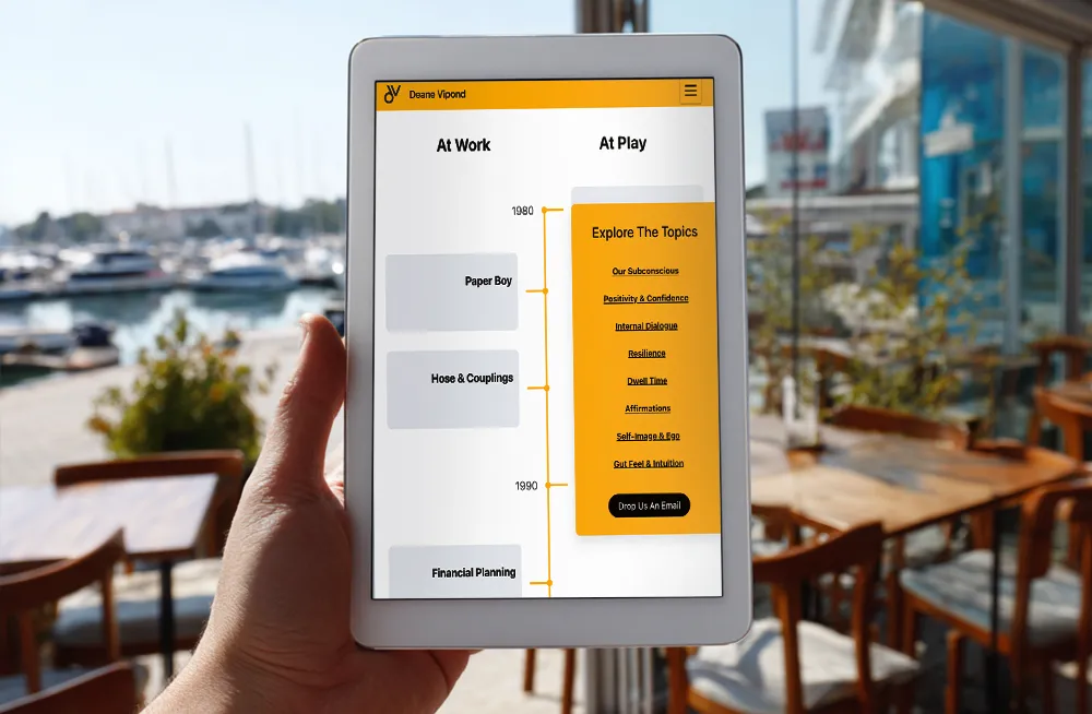 Responsive, Tauranga digital design agency. Client project  - Deane Vipond, Website development, web hosting, Deane Vipond - Topics popup on tablet