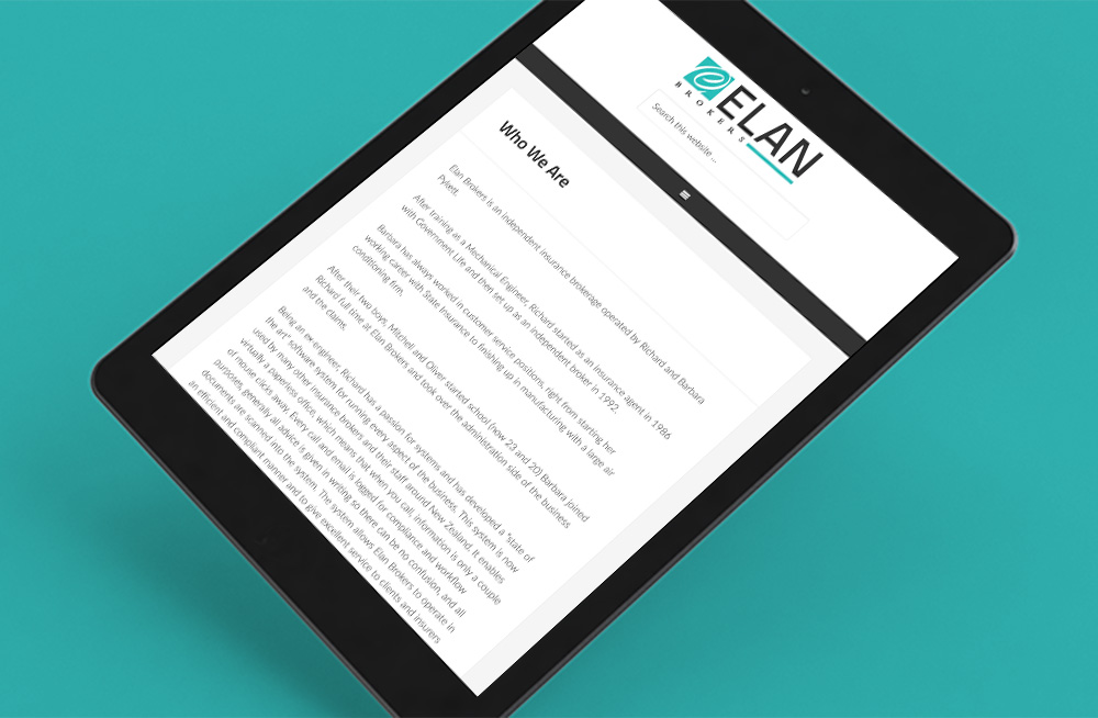 Responsive, Tauranga digital design agency. Client project  - Elan Insurance Brokers, Website development, web hosting, website who we are on tablet
