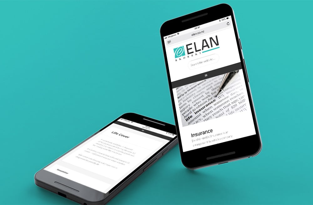 Responsive, Tauranga digital design agency. Client project  - Elan Insurance Brokers, Website development, web hosting, website homepage on mobile