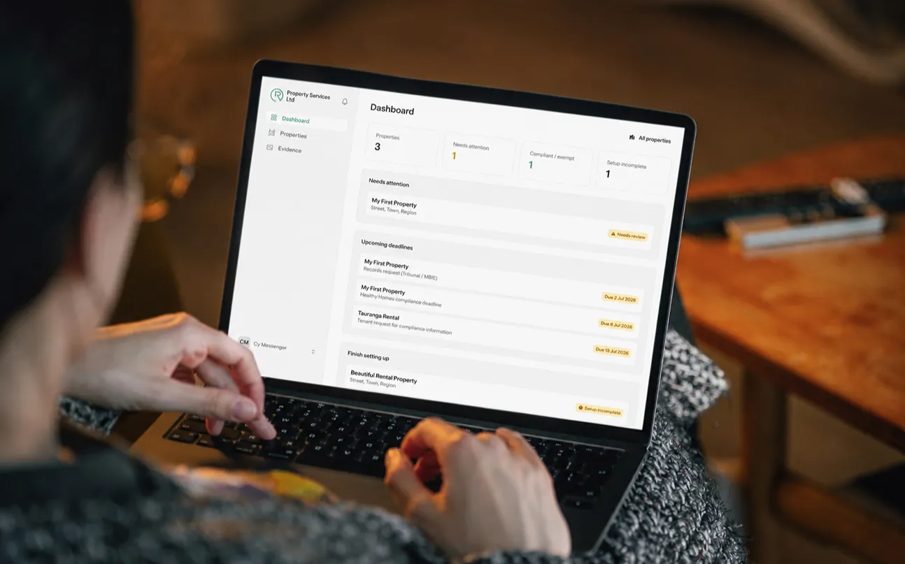 Responsive, Tauranga digital design agency. Client project  - HealthyHomes HQ, Custom SaaS application, HealthyHomes HQ - landlord dashboard on laptop