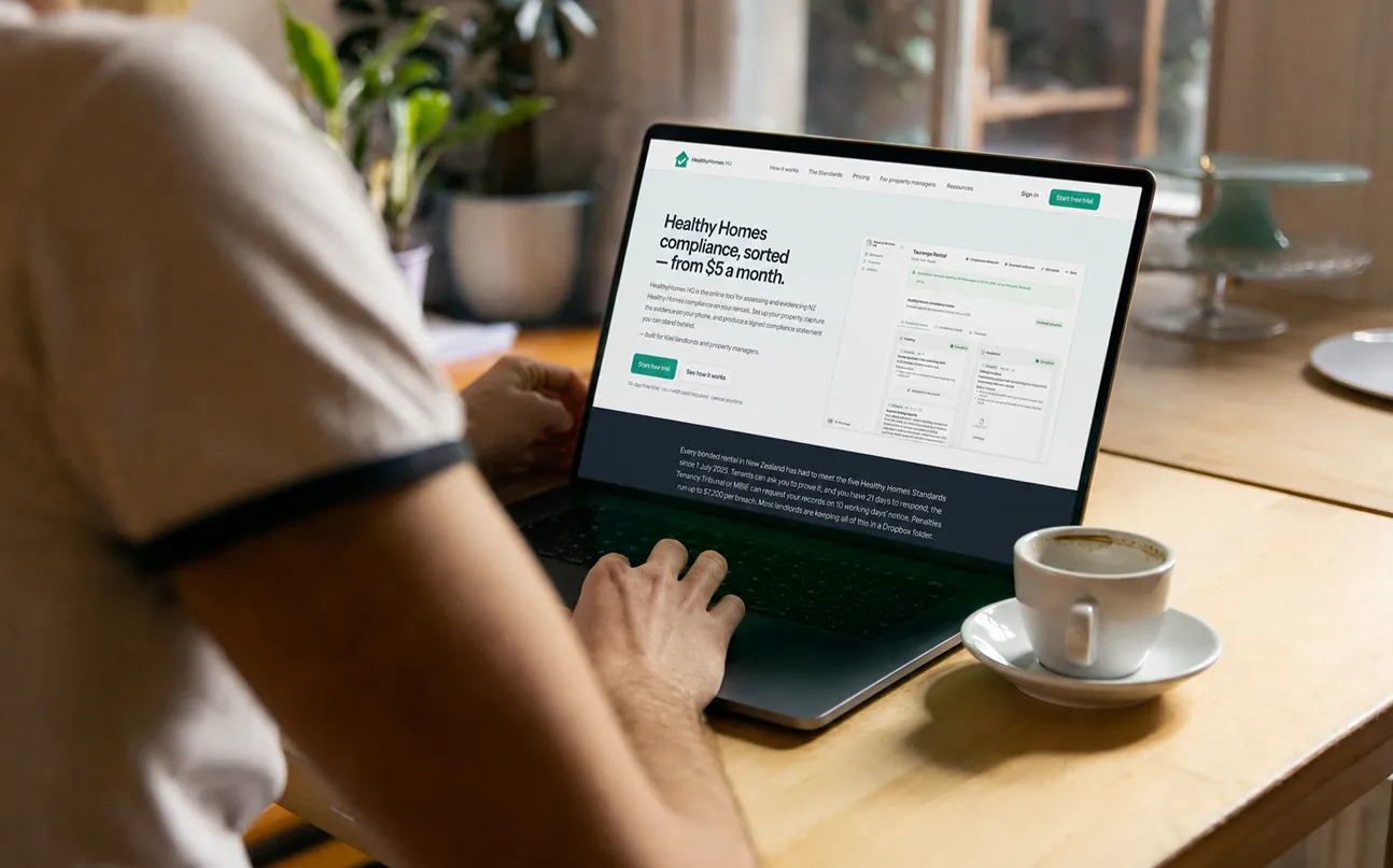 Responsive, Tauranga digital design agency. Client project  - HealthyHomes HQ, Custom SaaS application, HealthyHomes HQ - marketing website in laptop
