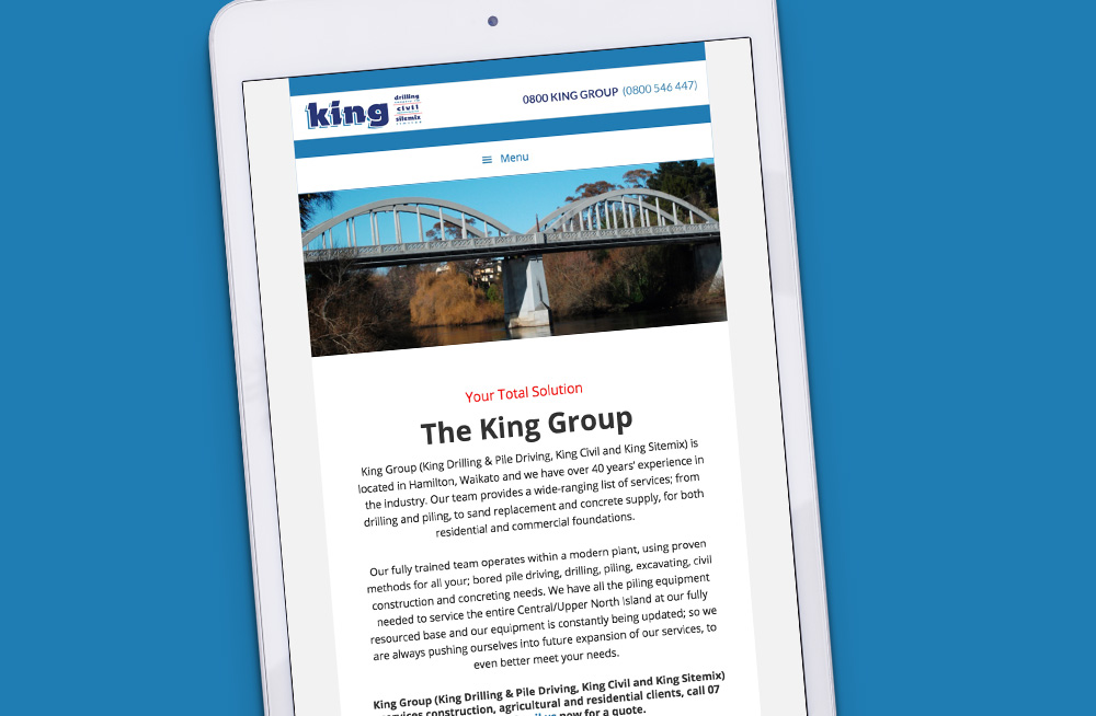  Responsive, Tauranga digital design agency. Client project  - King Group, Website development, web hosting, website homepage on tablet