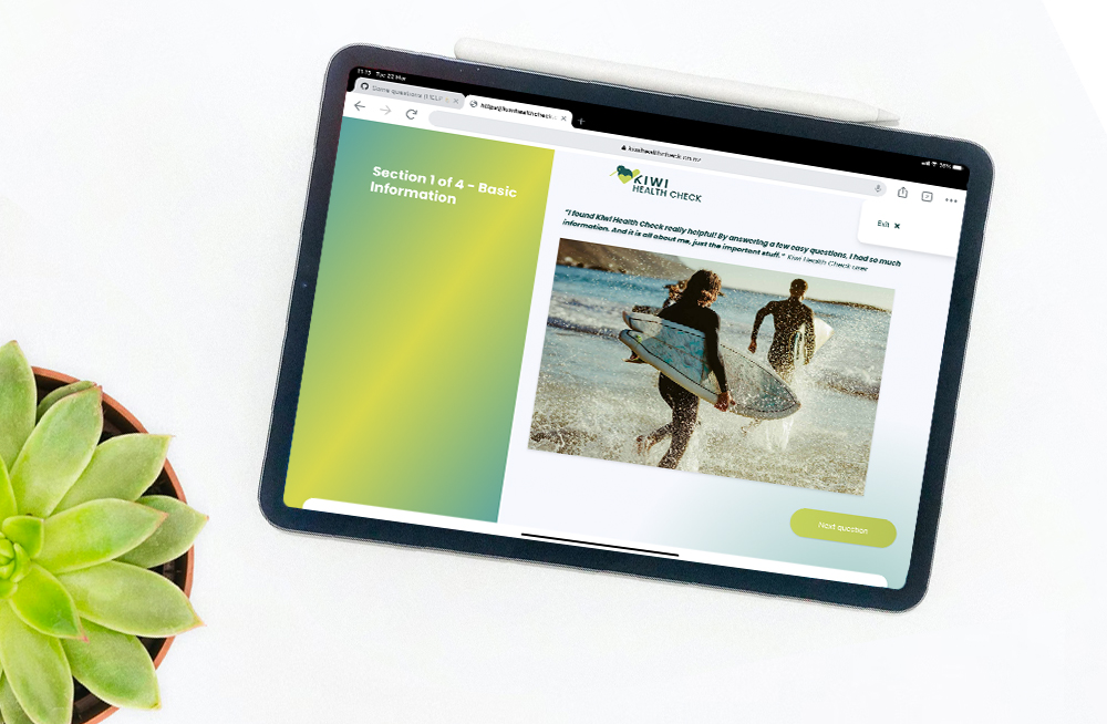  Responsive, Tauranga digital design agency. Client project  - Kiwi Health Check, Custom SaaS application, web hosting, graphic design, Kiwi Health Check - survey info section on tablet