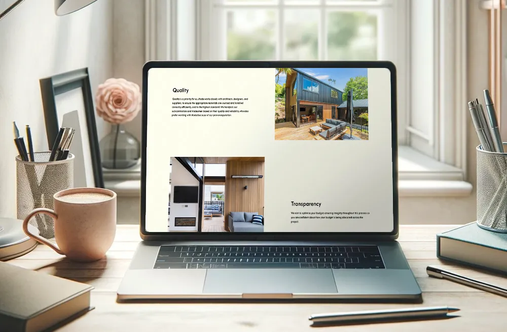 Responsive, Tauranga digital design agency. Client project  - Made Building, Website development, web hosting, Made building - about page on a laptop