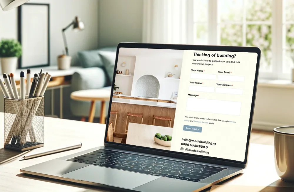 Responsive, Tauranga digital design agency. Client project  - Made Building, Website development, web hosting, Made building - the contact page on a laptop