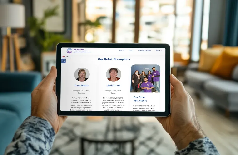 Responsive, Tauranga digital design agency. Client project  - ME Respite, Website development, web hosting, ME Respite - about page on a tablet