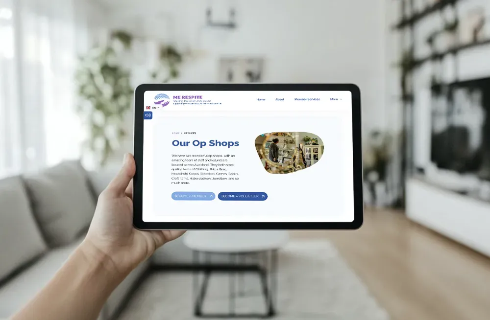 Responsive, Tauranga digital design agency. Client project  - ME Respite, Website development, web hosting, ME Respite - our op shops page on a tablet