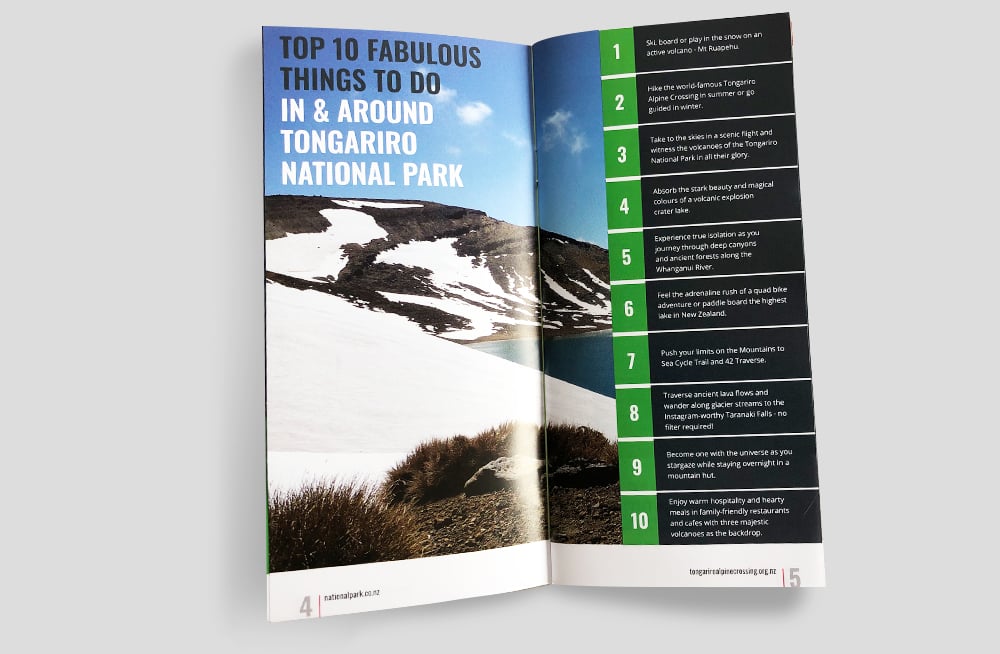 Responsive, Tauranga digital design agency. Client project  - National Park Village Brochure, Graphic design & print, graphic design, brochure page, top 10 things to do