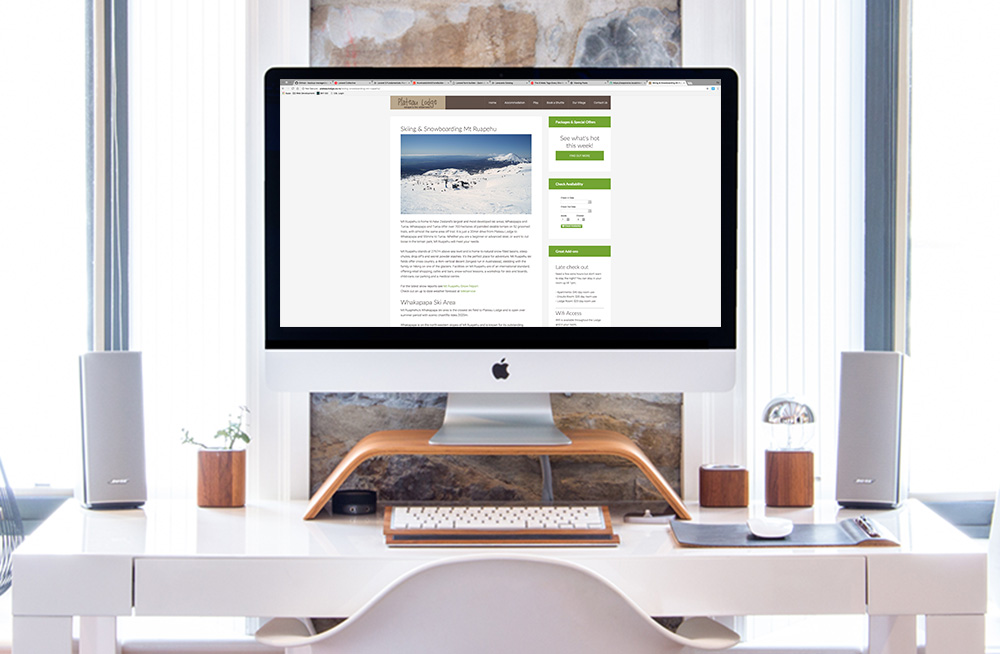 Responsive, Tauranga digital design agency. Client project  - Plateau Lodge, Website development, web hosting, graphic design, website skiing page on desktop