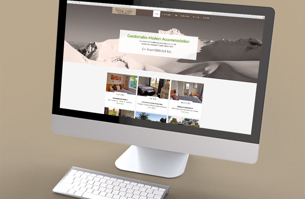 Responsive, Tauranga digital design agency. Client project  - Plateau Lodge, Website development, web hosting, graphic design, website homepage on desktop