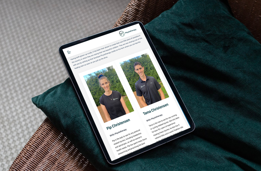 Responsive, Tauranga digital design agency. Client project  - PT Physiotherapy, Website development, web hosting, graphic design, PT Physiotherapy about us page on a tablet