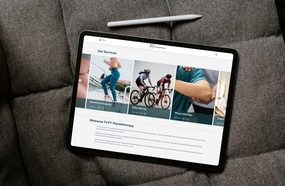  Responsive, Tauranga digital design agency. Client project  - PT Physiotherapy, Website development, web hosting, graphic design, PT Physiotherapy services carousel on a tablet