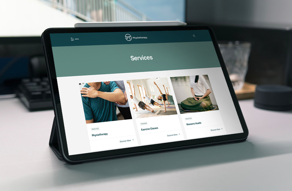  Responsive, Tauranga digital design agency. Client project  - PT Physiotherapy, Website development, web hosting, graphic design, PT Physiotherapy service page on a tablet