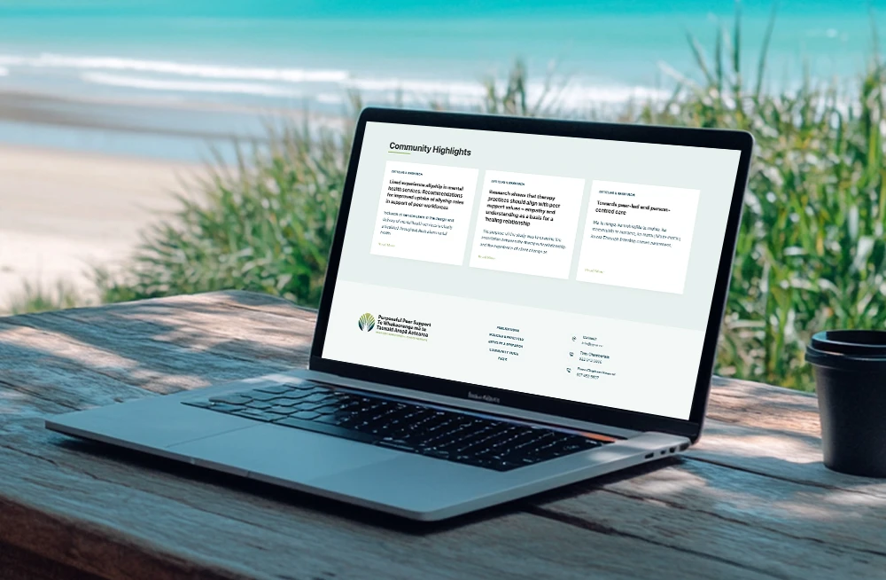 Responsive, Tauranga digital design agency. Client project  - Purposeful Peer Support, Website development, web hosting, Purposeful Peer Support - community highlights section on a laptop