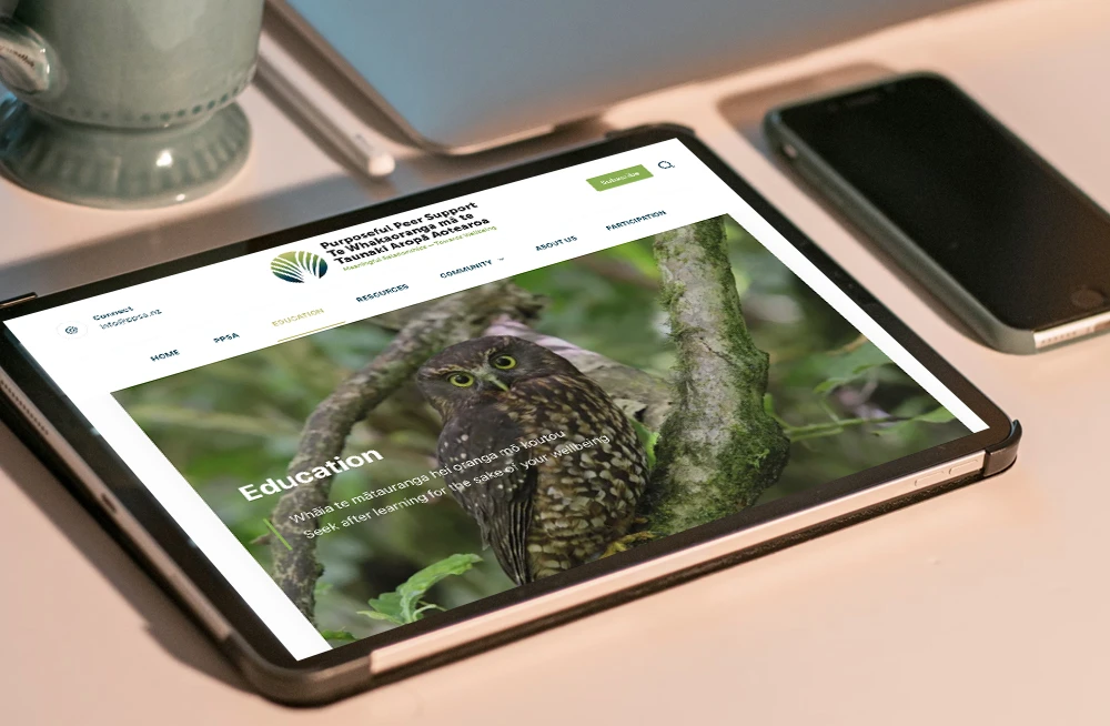 Responsive, Tauranga digital design agency. Client project  - Purposeful Peer Support, Website development, web hosting, Purposeful Peer Support - education page on a tablet