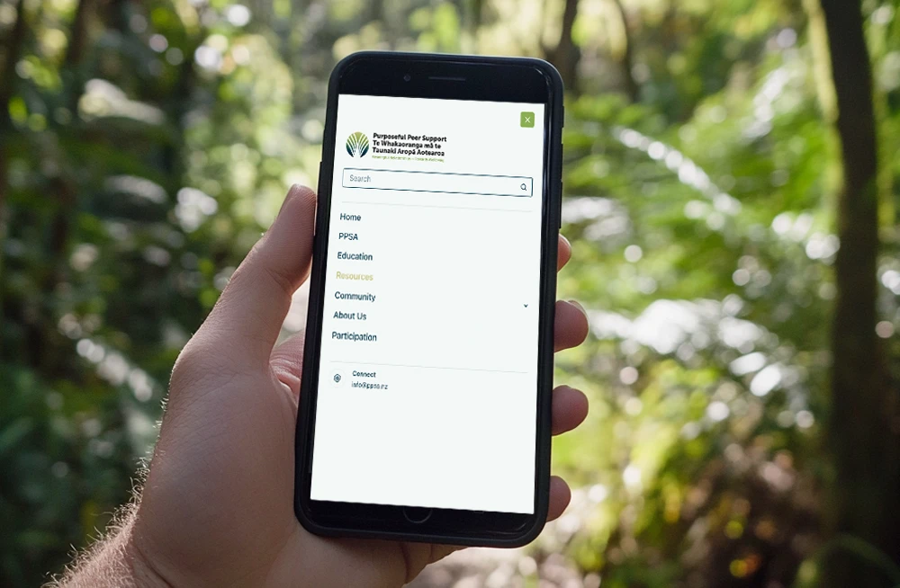 Responsive, Tauranga digital design agency. Client project  - Purposeful Peer Support, Website development, web hosting, Purposeful Peer Support - slide-out mobile navigation
