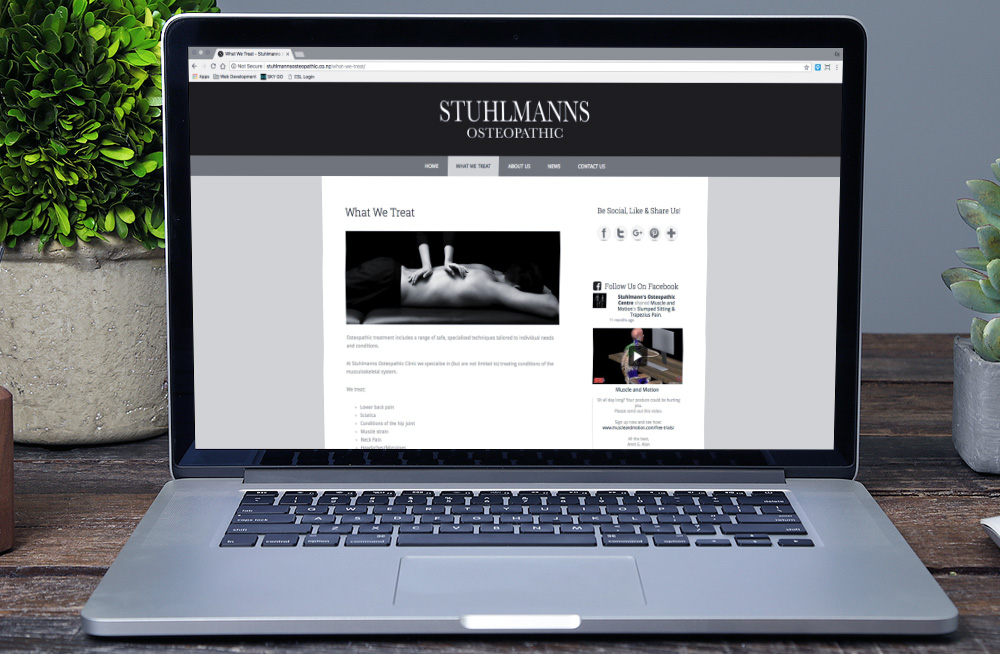 Responsive, Tauranga digital design agency. Client project  - Stuhlmanns Osteopathic, Website development, web hosting, what we treat page on laptop