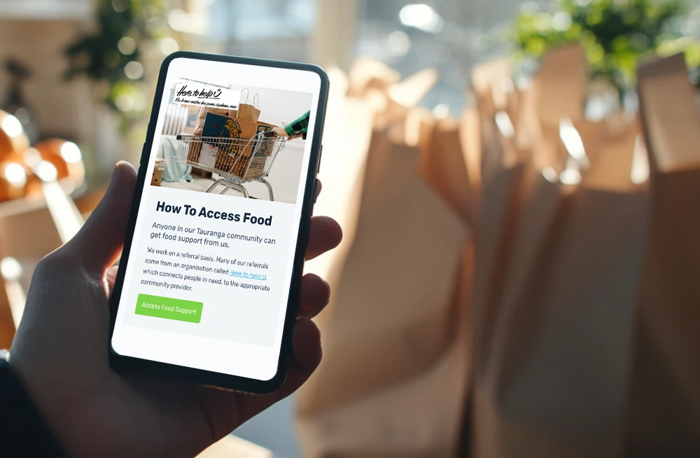 Responsive, Tauranga digital design agency. Client project  - Tauranga Community Foodbank, Website development, web hosting, Tauranga Community Foodbank - how to access food section on a mobile