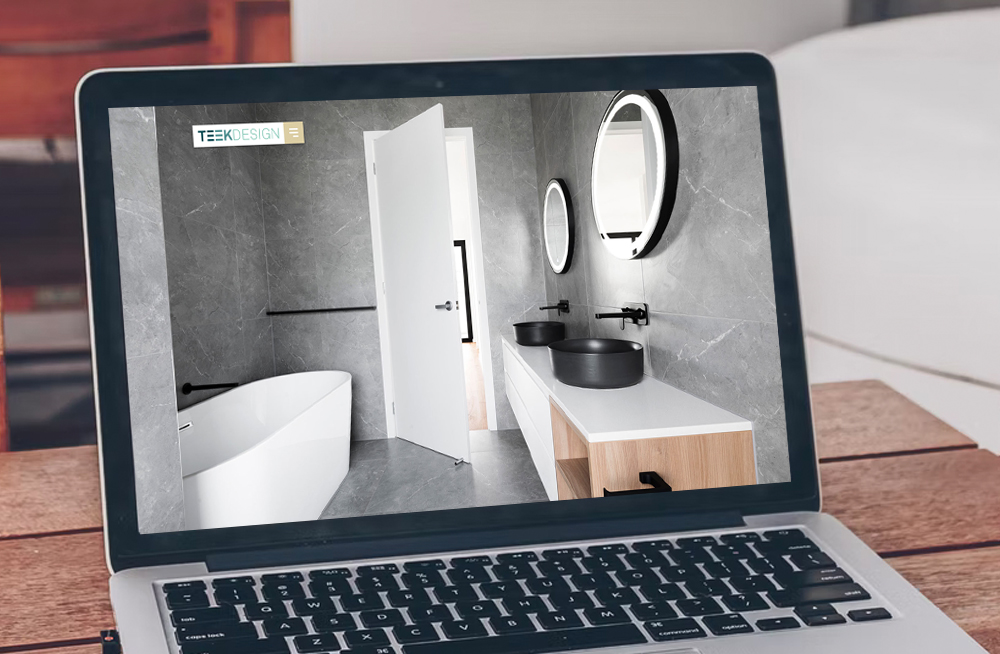  Responsive, Tauranga digital design agency. Client project  - Teek Design, Website design & development, web hosting, Teek Design, homepage bathroom design on laptop