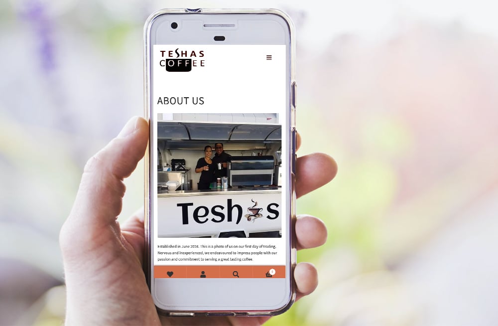 Responsive, Tauranga digital design agency. Client project  - Teshas  Coffee, Website development, eCommerce, web hosting, Teshas Coffee about us page on a mobile phone