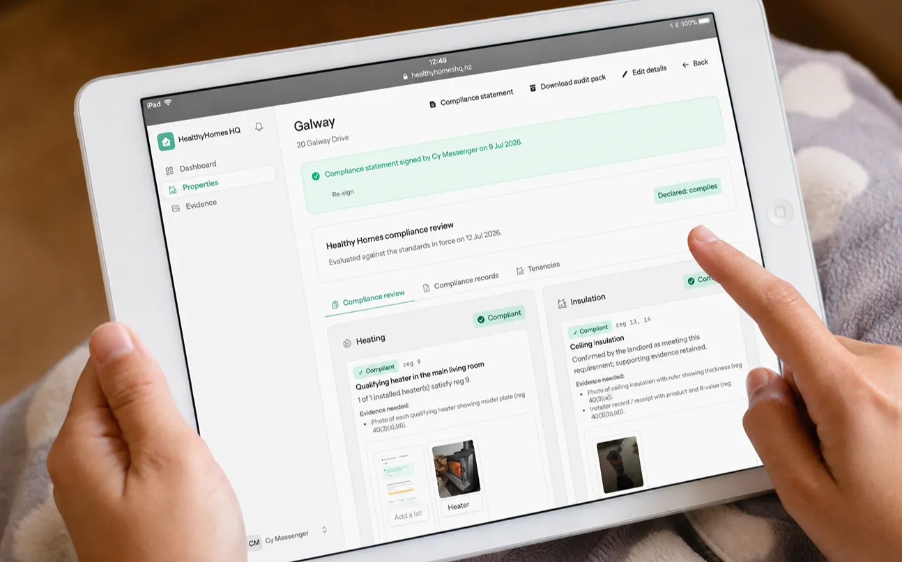 Responsive, Tauranga digital design agency. Client project  - HealthyHomes HQ, Custom SaaS application, HealthyHomes HQ - compliance review page on tablet