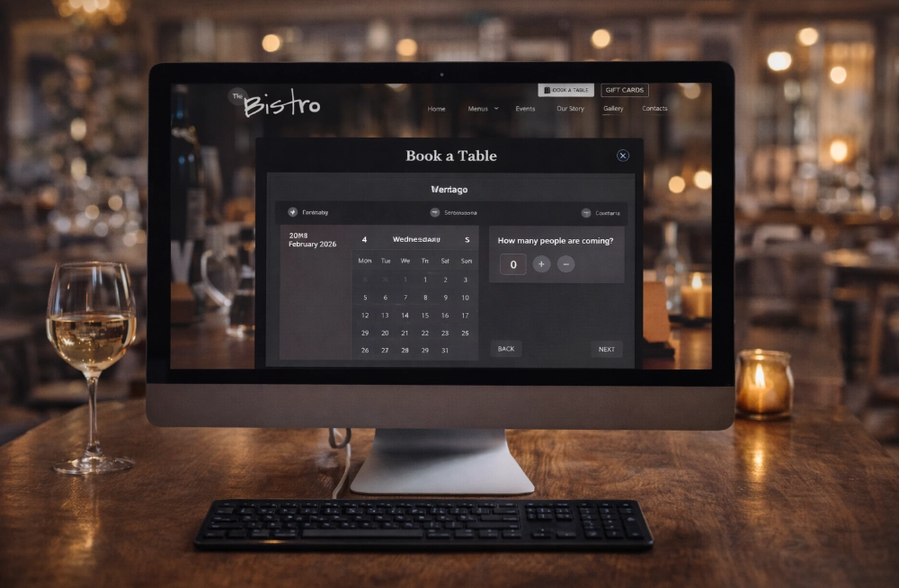 Responsive, Tauranga digital design agency. Client project  - The Bistro, Website development, web hosting, The Bistro - the book a table form on a desktop computer