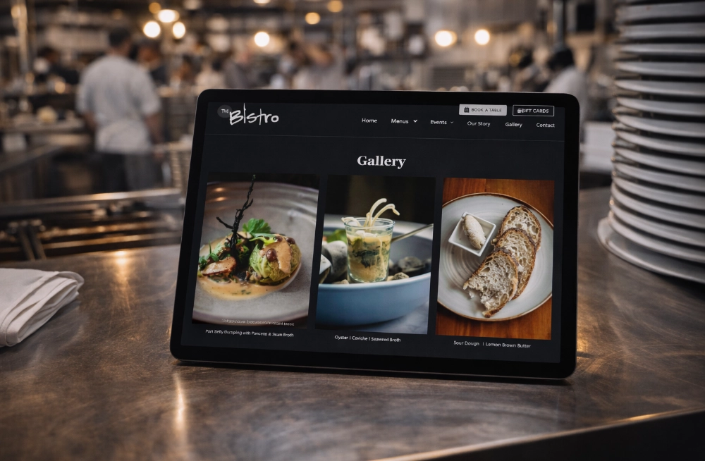 Responsive, Tauranga digital design agency. Client project  - The Bistro, Website development, web hosting, The Bistro - the image gallery page on a tablet