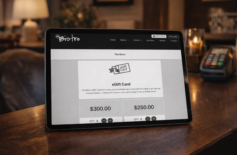 Responsive, Tauranga digital design agency. Client project  - The Bistro, Website development, web hosting, The Bistro - the eVoucher page on a tablet