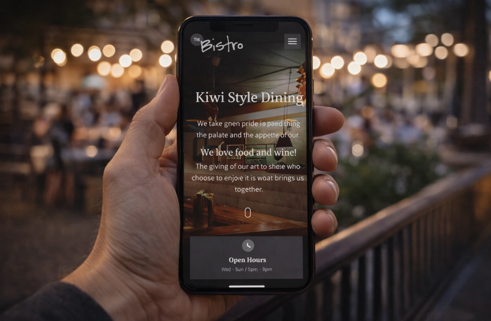Responsive, Tauranga digital design agency. Client project  - The Bistro, Website development, web hosting, The Bistro - the homepage on a mobile phone