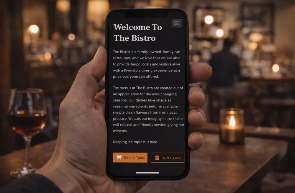 Responsive, Tauranga digital design agency. Client project  - The Bistro, Website development, web hosting, The Bistro - the welcome to the bistro section on a mobile phone