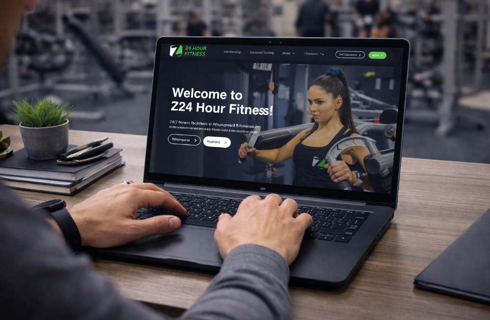 Responsive, Tauranga digital design agency. Client project  - Z 24 Hour Fitness, Website development, web hosting, Z 24 Hour Fitness - homepage on a laptop