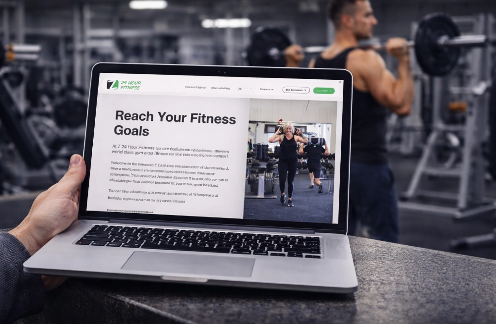 Responsive, Tauranga digital design agency. Client project  - Z 24 Hour Fitness, Website development, web hosting, Z 24 Hour Fitness - homepage section on a laptop