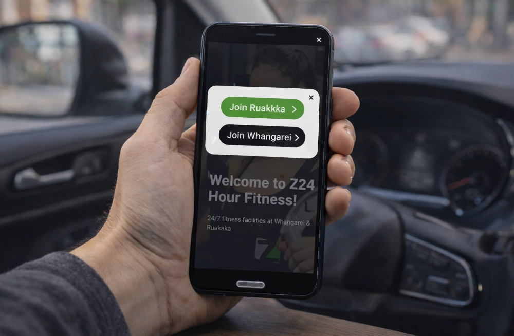 Responsive, Tauranga digital design agency. Client project  - Z 24 Hour Fitness, Website development, web hosting, Z 24 Hour Fitness - join now popup on a mobile