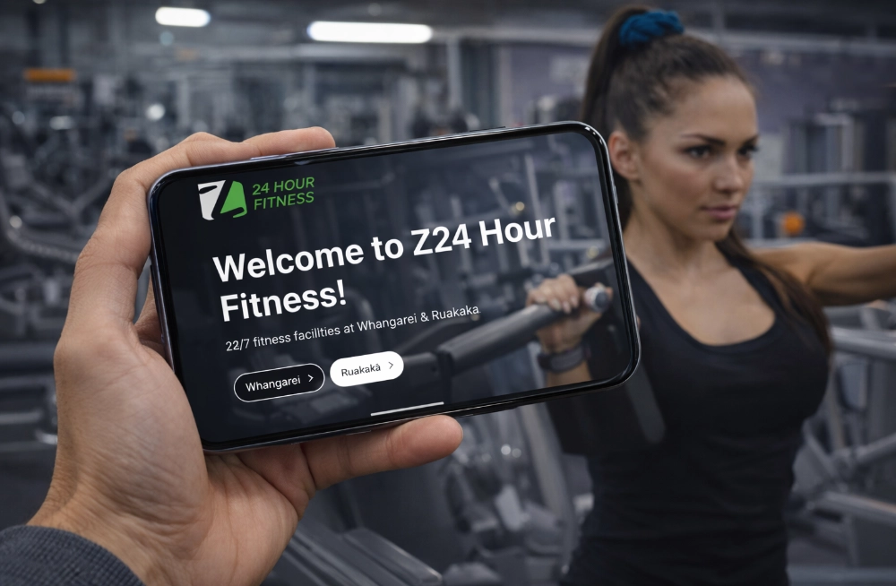 Responsive, Tauranga digital design agency. Client project  - Z 24 Hour Fitness, Website development, web hosting, Z 24 Hour Fitness - homepage on a mobile phone